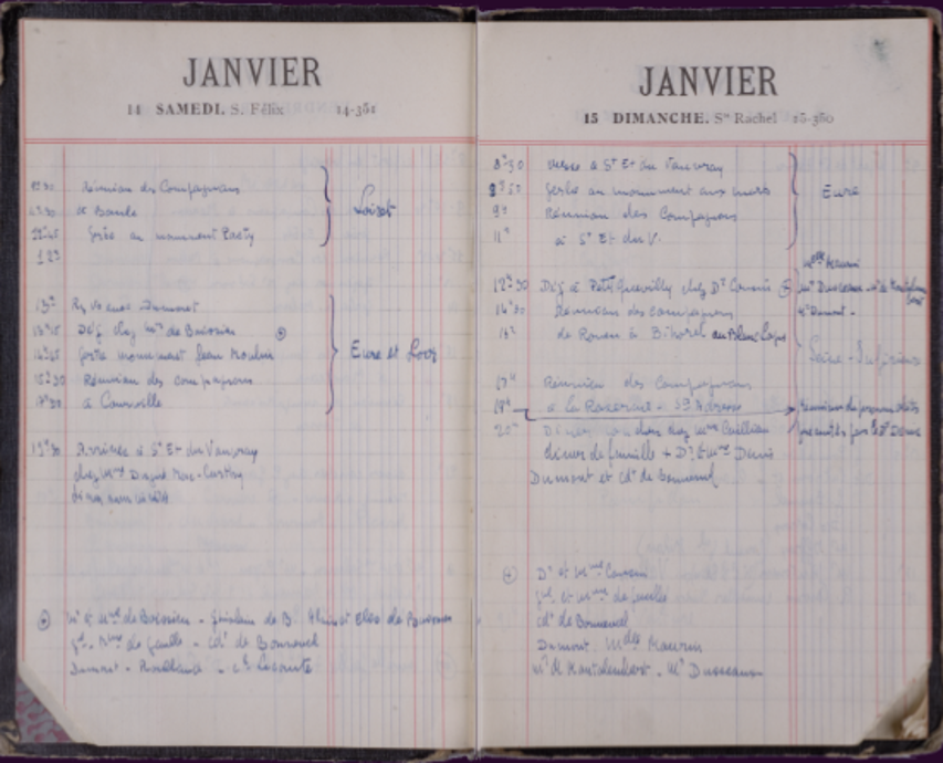 Deux pages de l'agenda de De Gaulle des 14 et 15 janvier 1950
