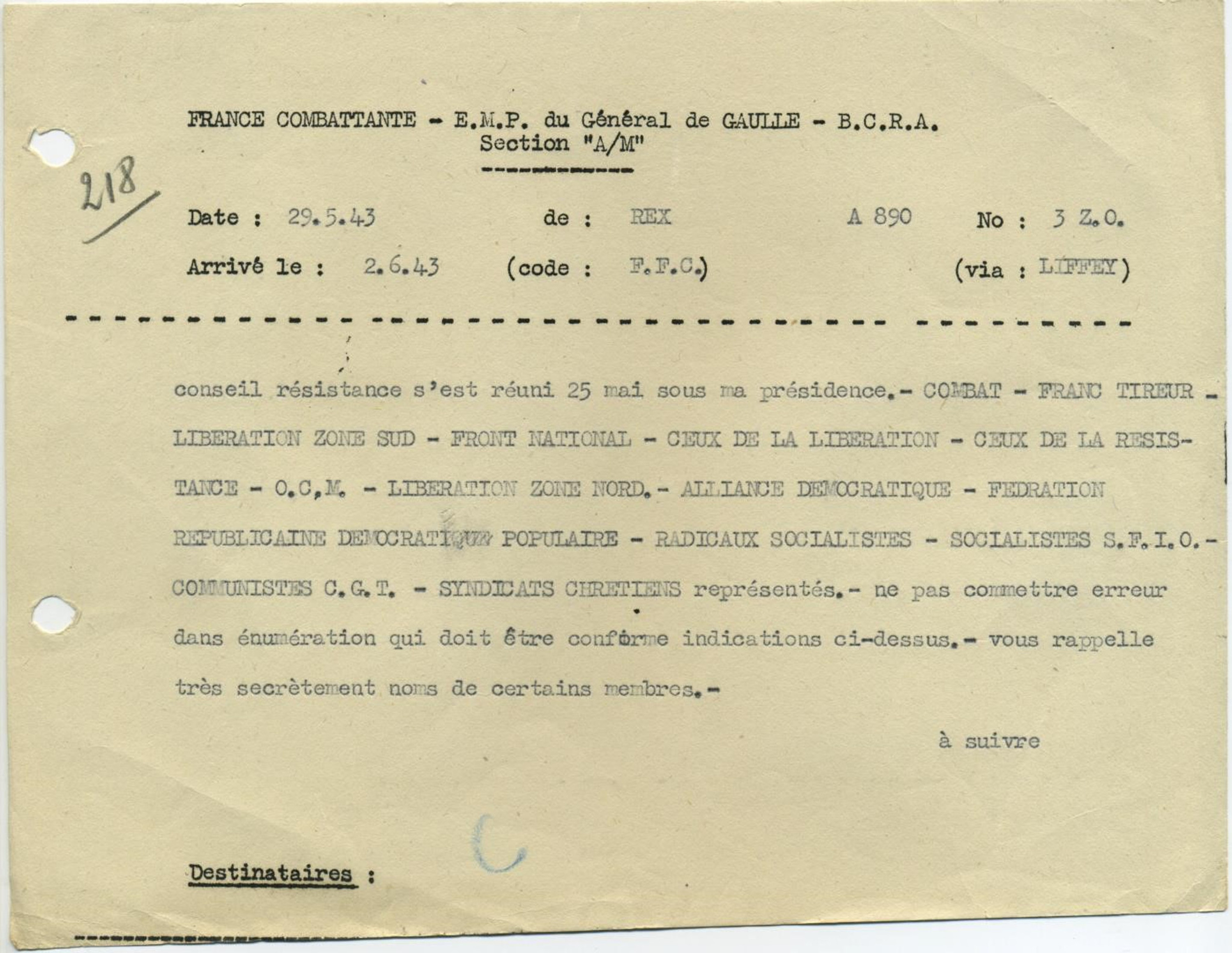 Télégramme de Jean Moulin au Bureau central de renseignement et d'action annonçant la formation du CNR, le 29 mai 1943